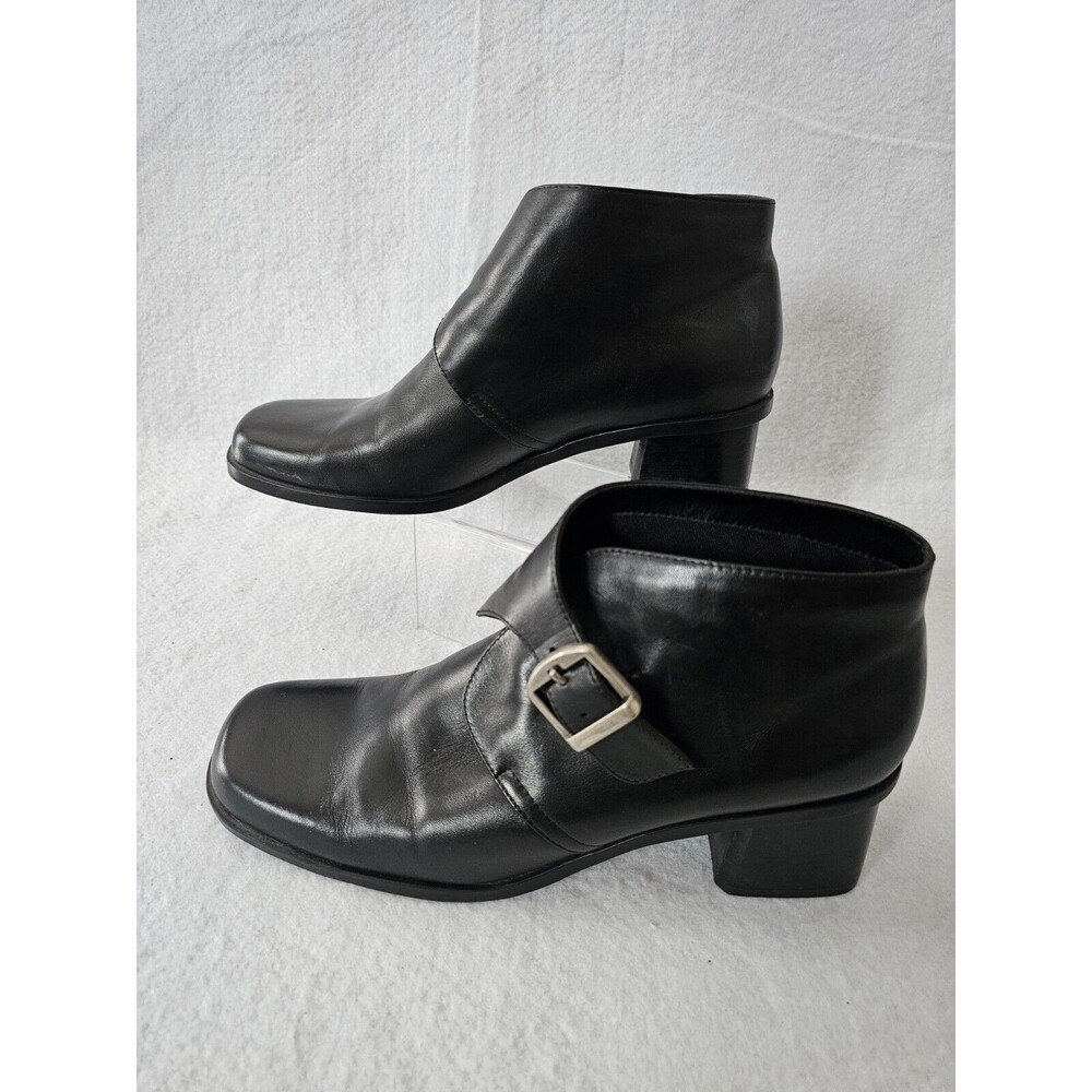 Liz Claiborne Black Leather Ankle Booties Boots Heel Size 9.5 M